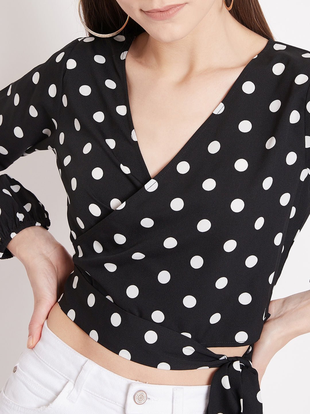 Folk Republic Women Black Polka Dot Printed Wrap Tie Crop Top - #folk republic#