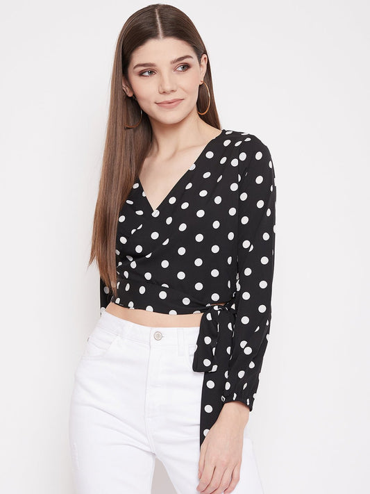 Folk Republic Women Black Polka Dot Printed Wrap Tie Crop Top - #folk republic#