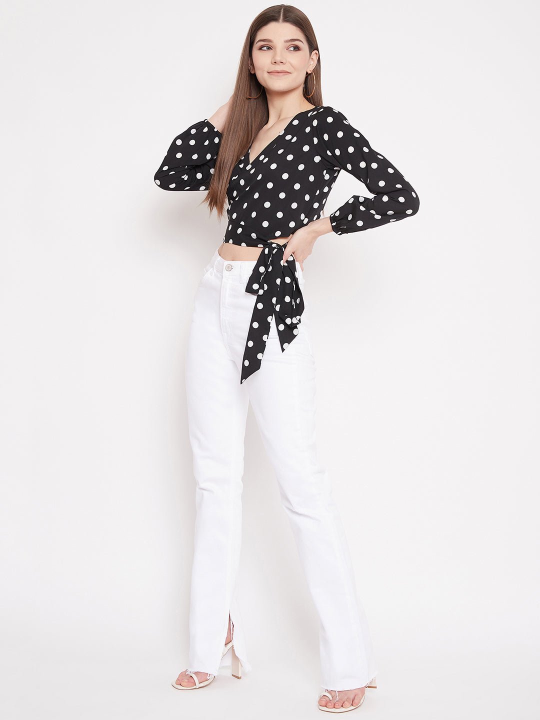 Folk Republic Women Black Polka Dot Printed Wrap Tie Crop Top - #folk republic#