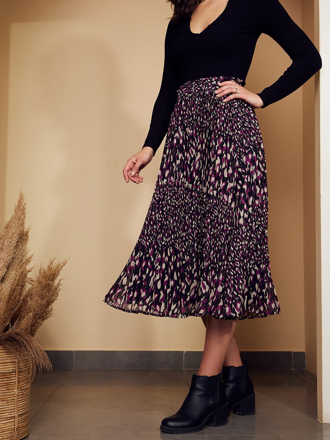 Folk Republic Women Black & Purple Animal Printed High-Rise Waist Slip-On Pleated A-Line Midi Skirt - #folk republic#