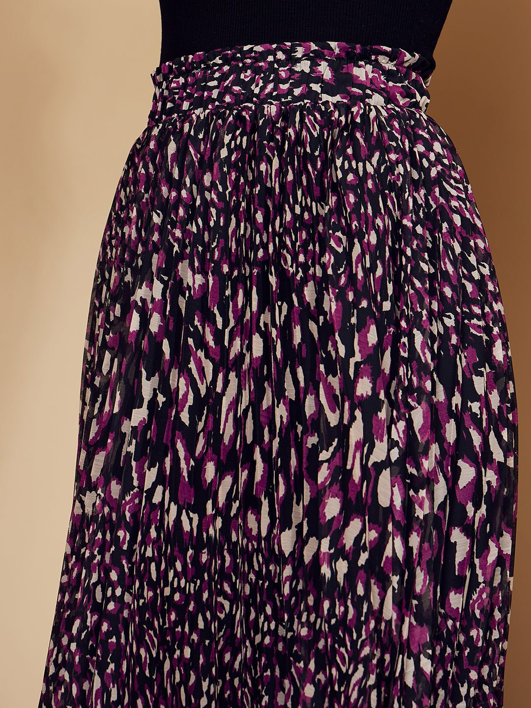 Folk Republic Women Black & Purple Animal Printed High-Rise Waist Slip-On Pleated A-Line Midi Skirt - #folk republic#
