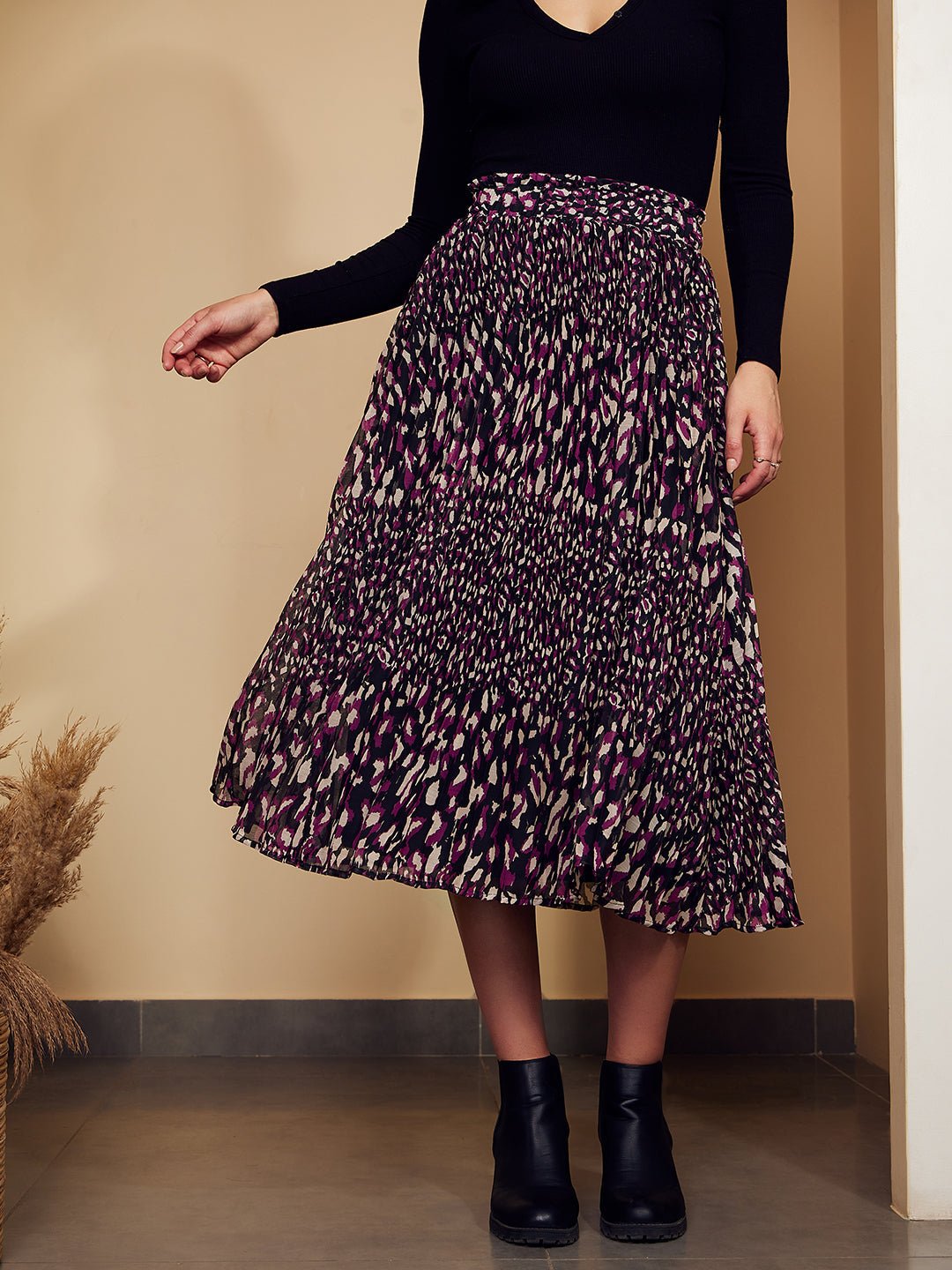 Folk Republic Women Black & Purple Animal Printed High-Rise Waist Slip-On Pleated A-Line Midi Skirt - #folk republic#