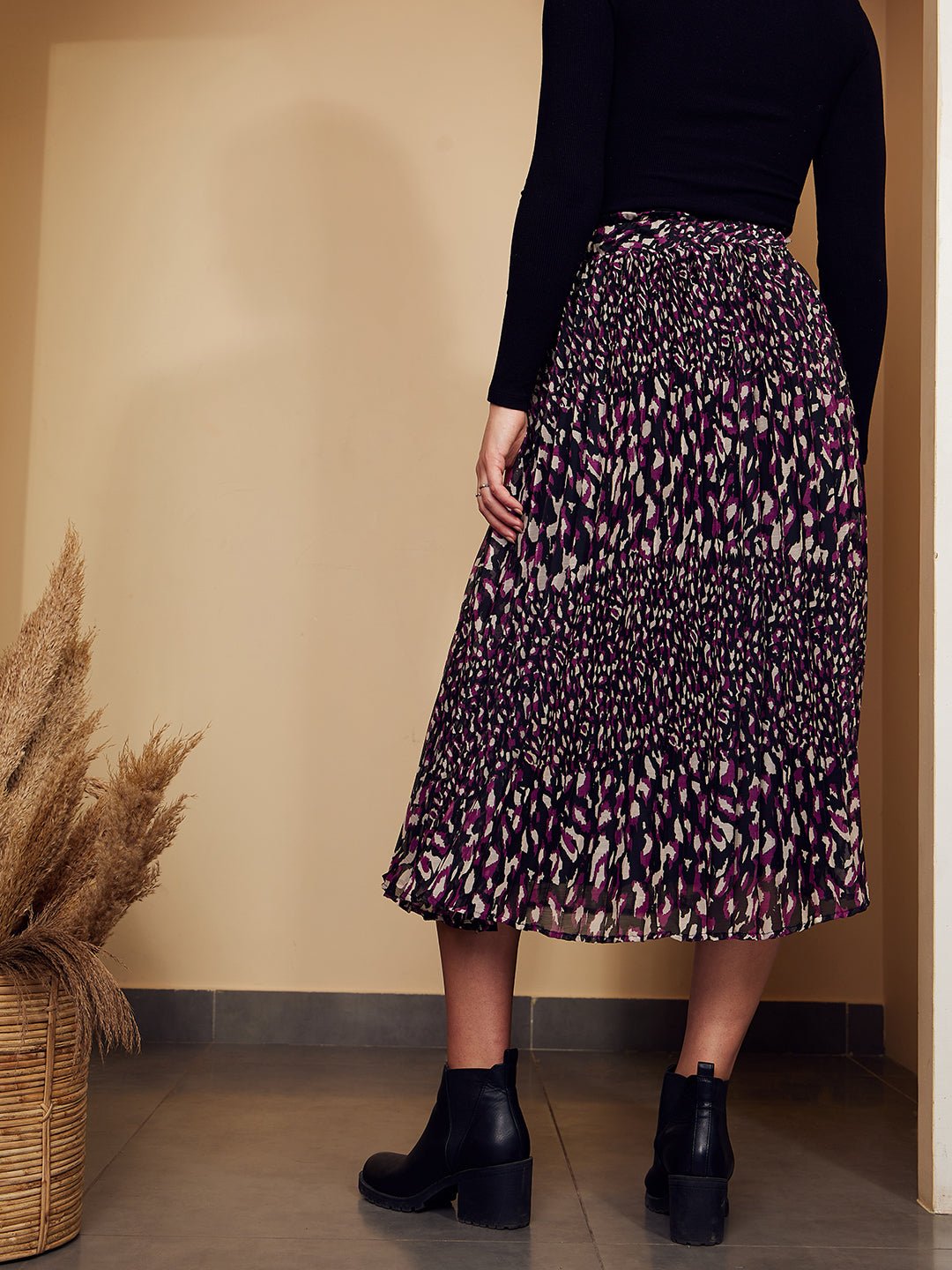 Folk Republic Women Black & Purple Animal Printed High-Rise Waist Slip-On Pleated A-Line Midi Skirt - #folk republic#