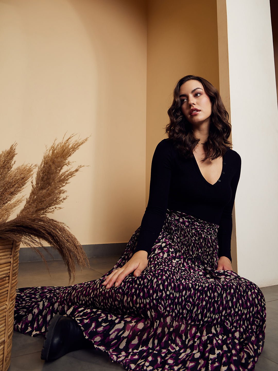 Folk Republic Women Black & Purple Animal Printed High-Rise Waist Slip-On Pleated A-Line Midi Skirt - #folk republic#
