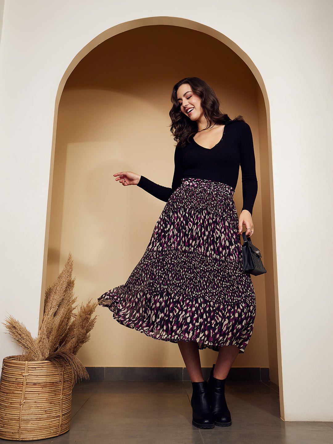 Folk Republic Women Black & Purple Animal Printed High-Rise Waist Slip-On Pleated A-Line Midi Skirt - #folk republic#