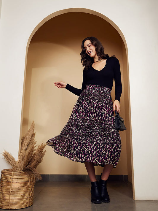 Folk Republic Women Black & Purple Animal Printed High-Rise Waist Slip-On Pleated A-Line Midi Skirt - #folk republic#