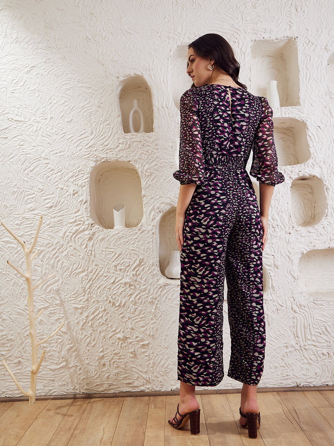 Folk Republic Women Black & Purple Animal Printed V-Neck Bishop Sleeves Smocked Basic Jumpsuit - #folk republic#