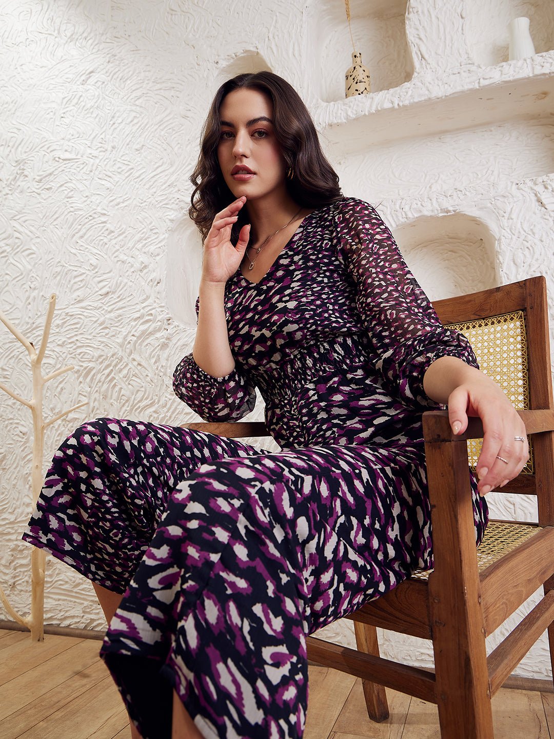 Folk Republic Women Black & Purple Animal Printed V-Neck Bishop Sleeves Smocked Basic Jumpsuit - #folk republic#