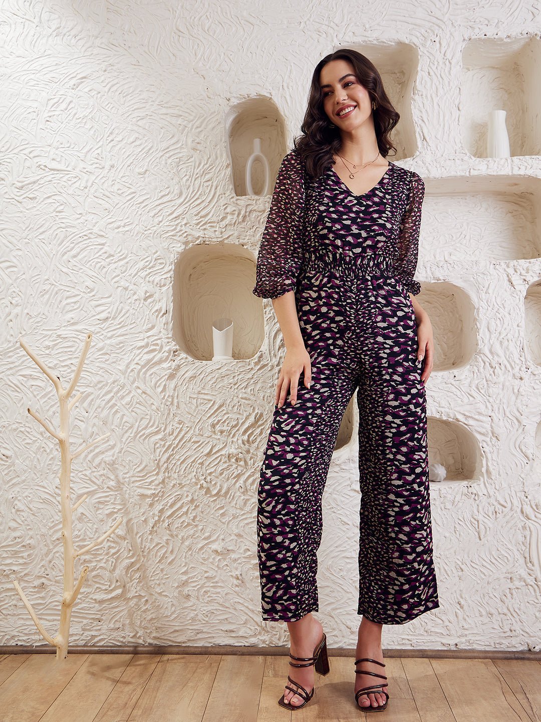 Folk Republic Women Black & Purple Animal Printed V-Neck Bishop Sleeves Smocked Basic Jumpsuit - #folk republic#