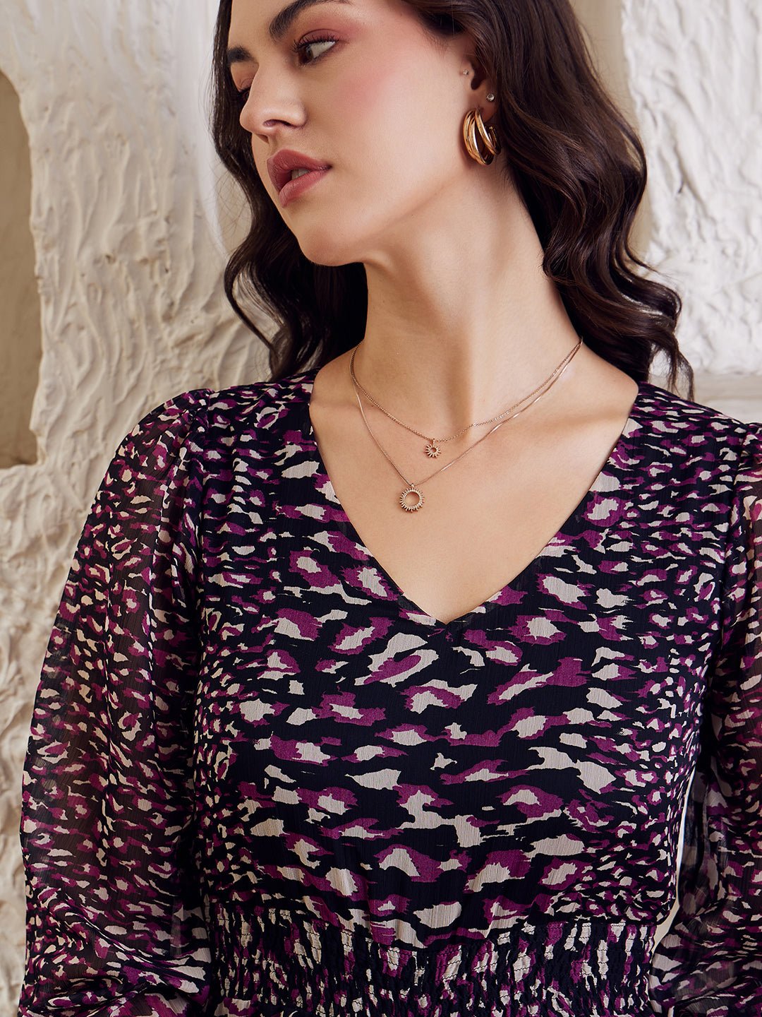 Folk Republic Women Black & Purple Animal Printed V-Neck Bishop Sleeves Smocked Basic Jumpsuit - #folk republic#