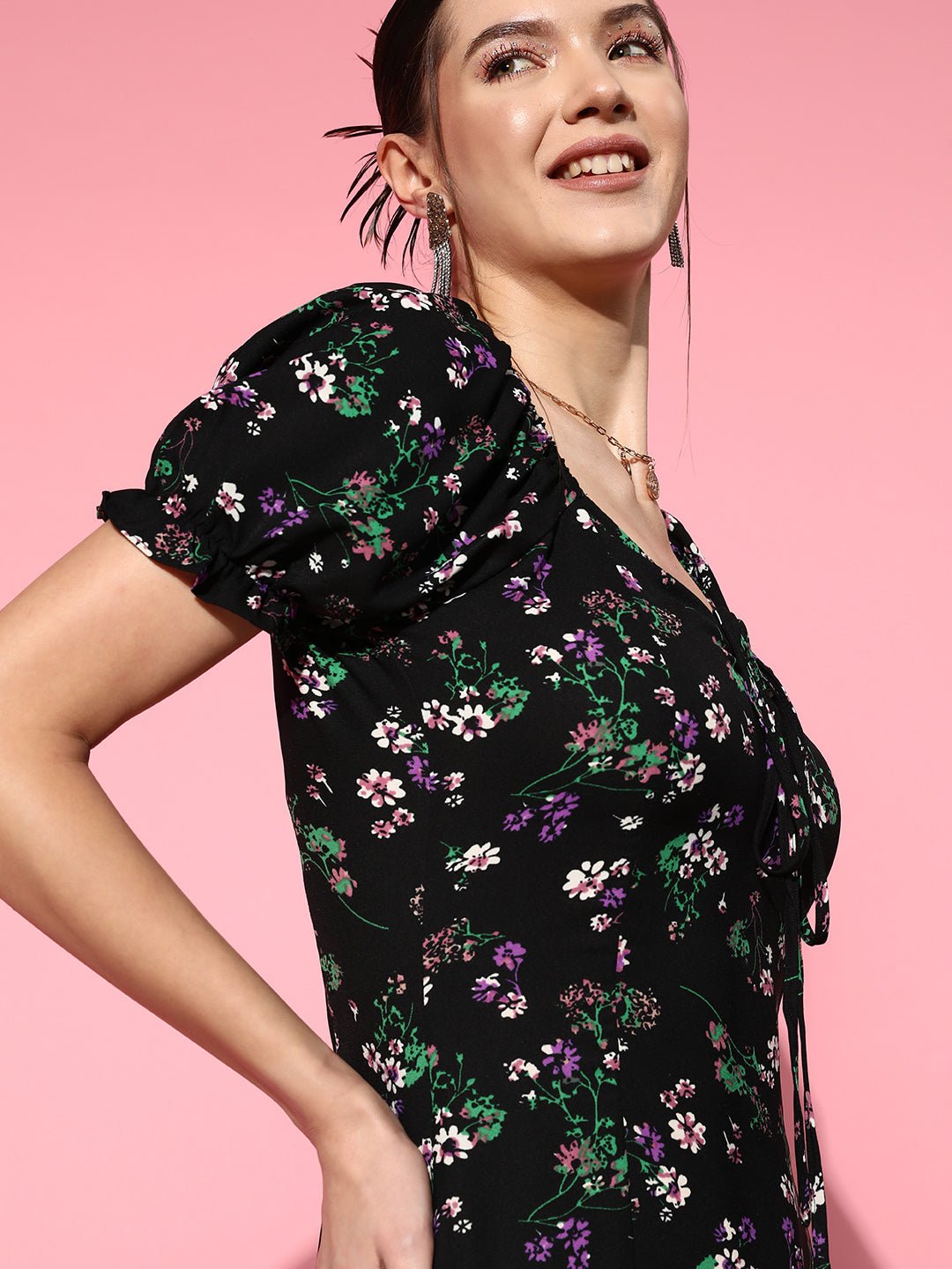 Folk Republic Women Black & Purple Floral Printed Sweetheart Neck Crepe Ruffled A-Line Midi Dress - #folk republic#
