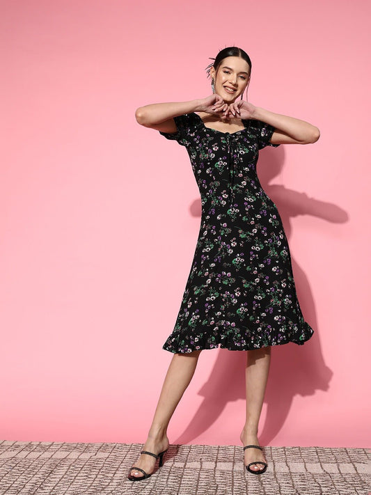 Folk Republic Women Black & Purple Floral Printed Sweetheart Neck Crepe Ruffled A-Line Midi Dress - #folk republic#