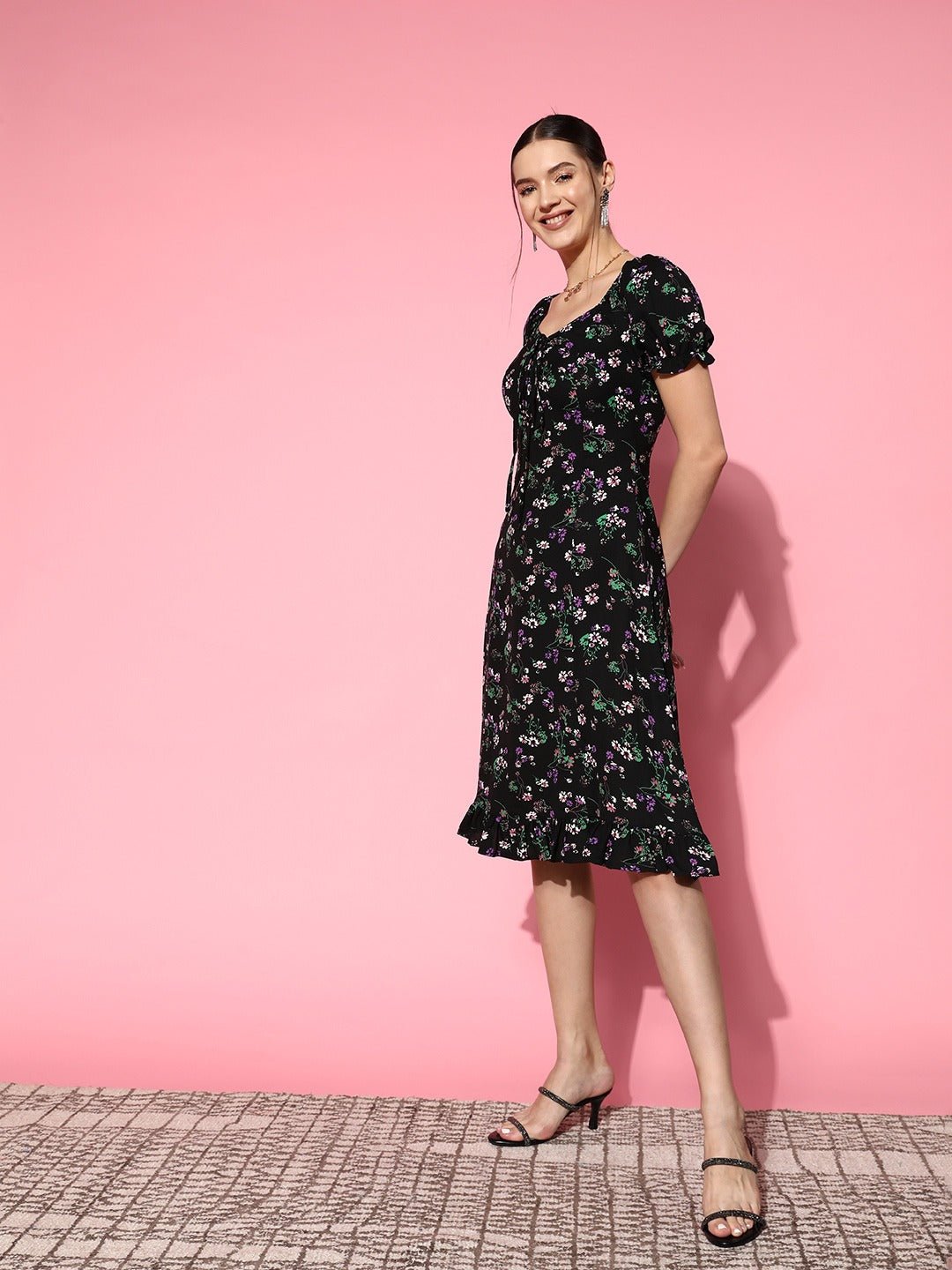 Folk Republic Women Black & Purple Floral Printed Sweetheart Neck Crepe Ruffled A-Line Midi Dress - #folk republic#