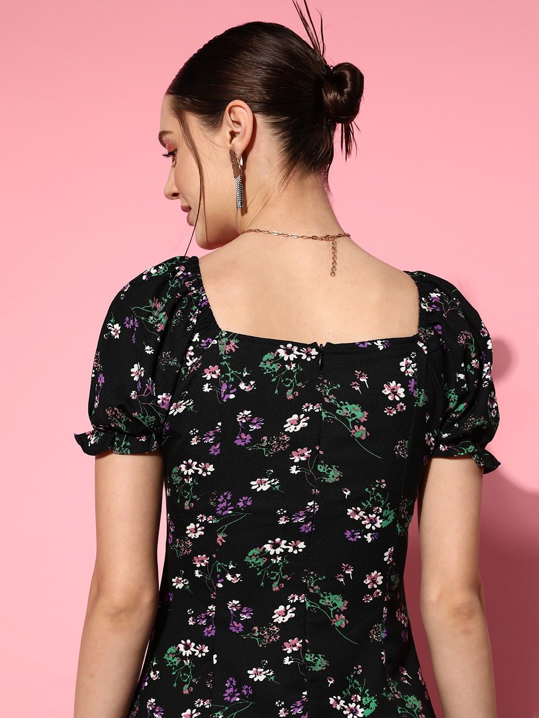 Folk Republic Women Black & Purple Floral Printed Sweetheart Neck Crepe Ruffled A-Line Midi Dress - #folk republic#