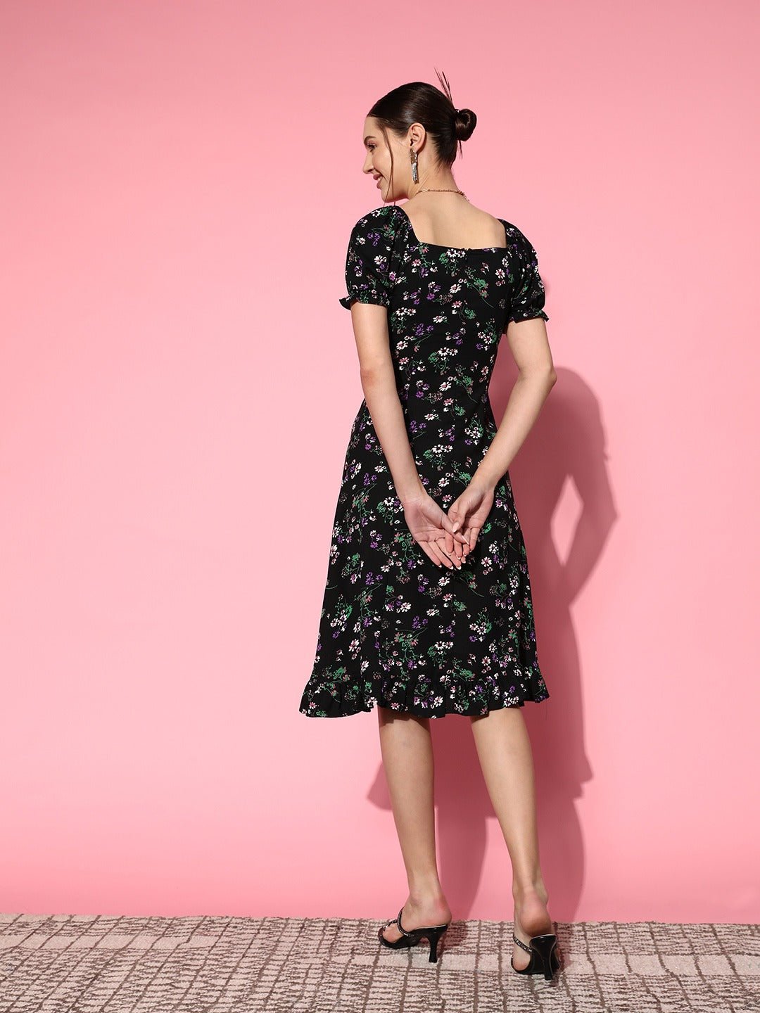 Folk Republic Women Black & Purple Floral Printed Sweetheart Neck Crepe Ruffled A-Line Midi Dress - #folk republic#