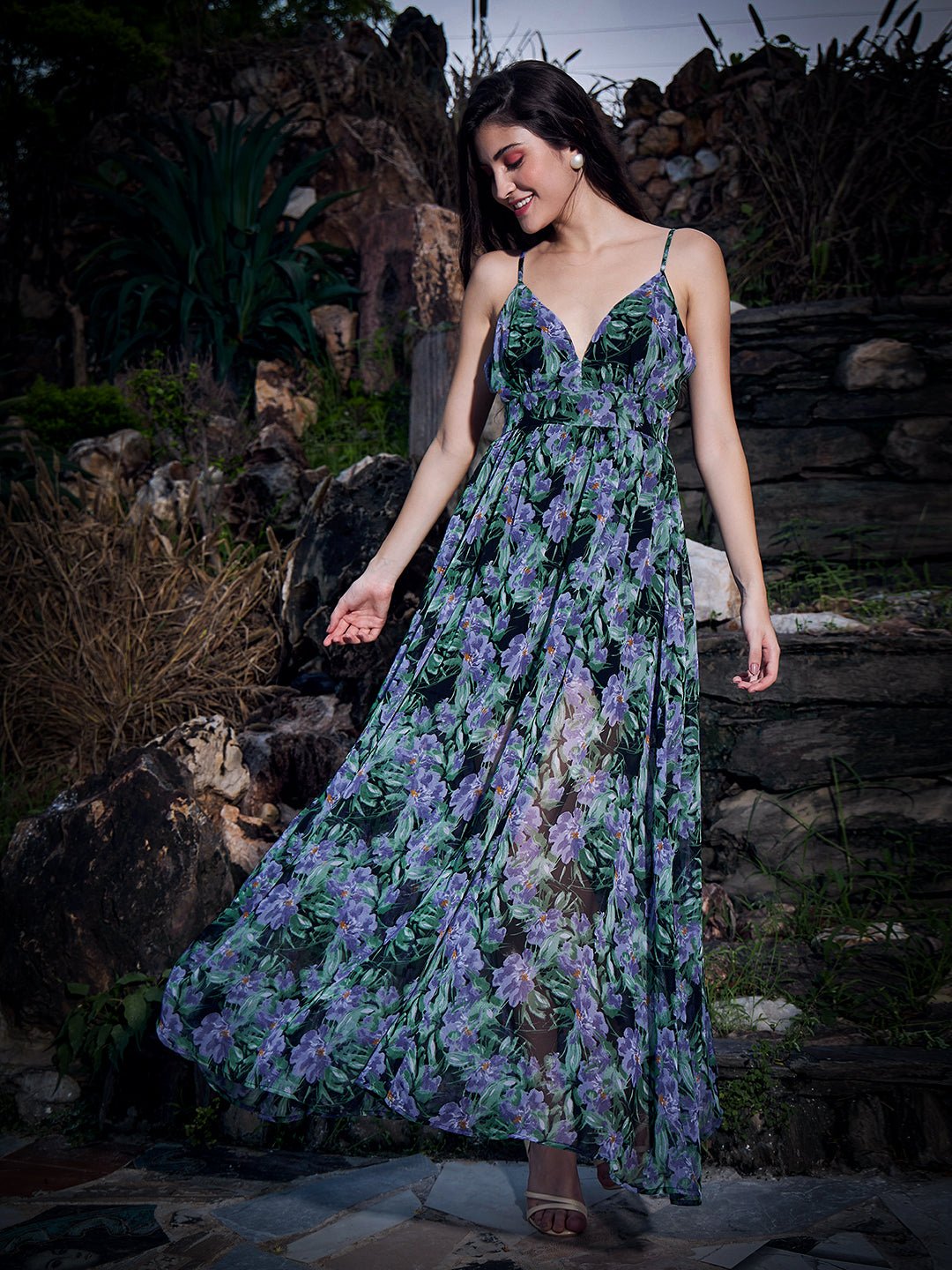 Folk Republic Women Black & Purple Tropical Printed V-Neck Sleeveless Zipper-Up Woven Fit & Flare Maxi Dress - #folk republic#