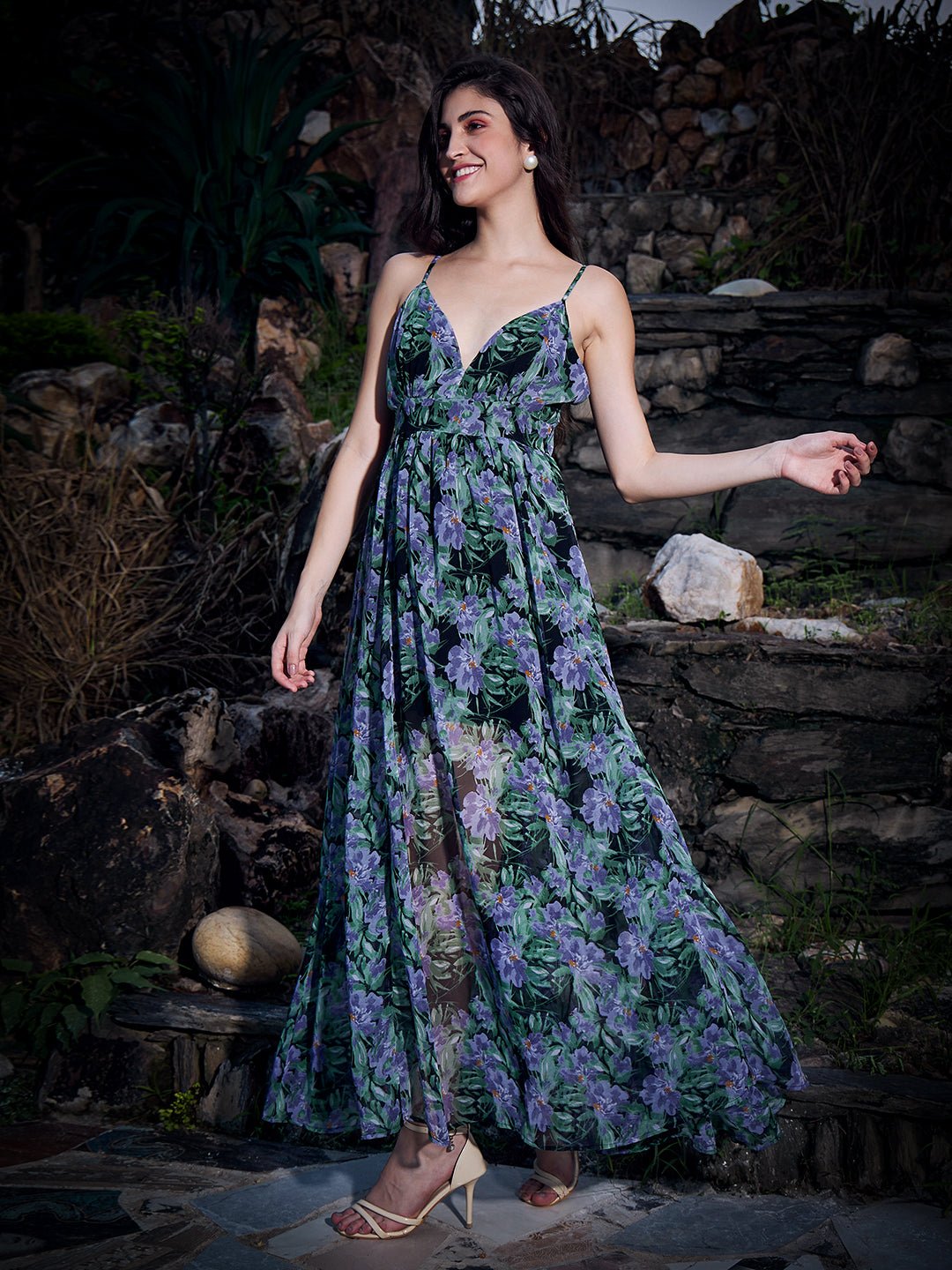 Folk Republic Women Black & Purple Tropical Printed V-Neck Sleeveless Zipper-Up Woven Fit & Flare Maxi Dress - #folk republic#