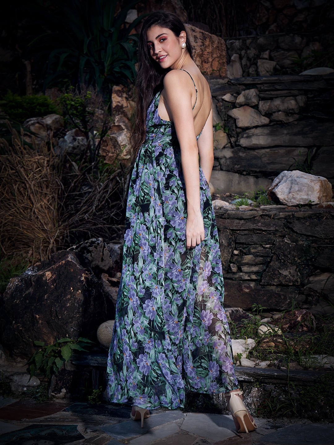 Folk Republic Women Black & Purple Tropical Printed V-Neck Sleeveless Zipper-Up Woven Fit & Flare Maxi Dress - #folk republic#