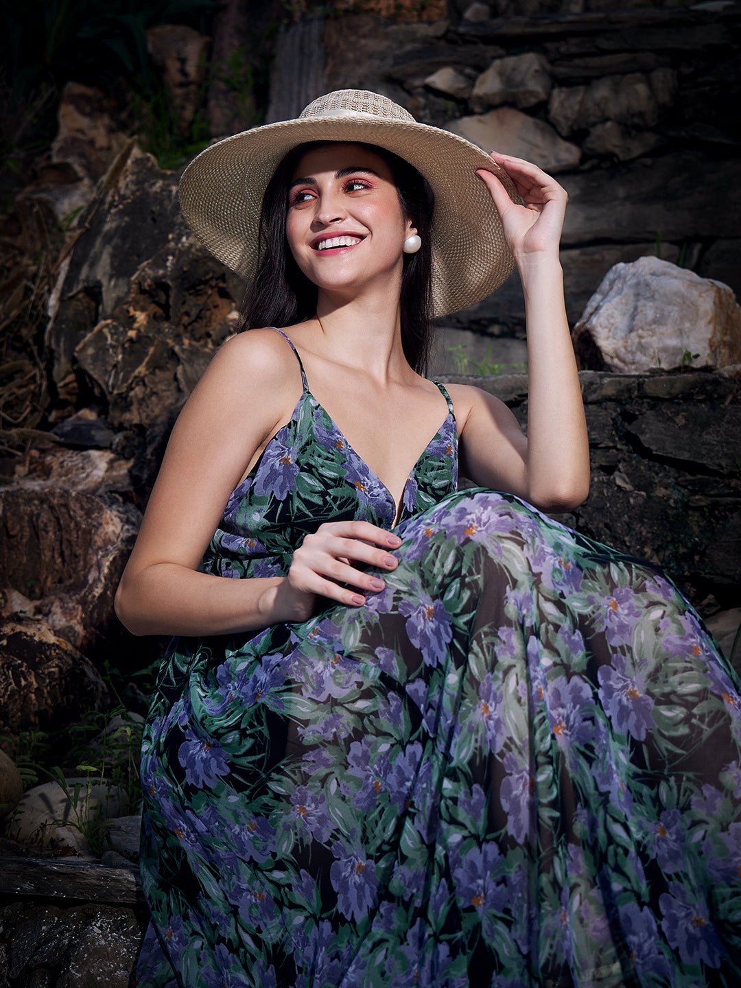 Folk Republic Women Black & Purple Tropical Printed V-Neck Sleeveless Zipper-Up Woven Fit & Flare Maxi Dress - #folk republic#