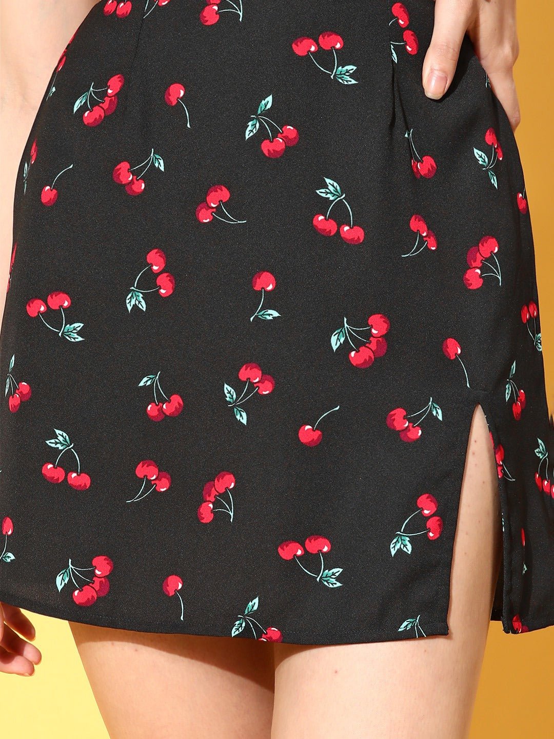 Folk Republic Women Black & Red Cherry Printed Front Slit Straight Hem A-Line Mini Skirt - #folk republic#