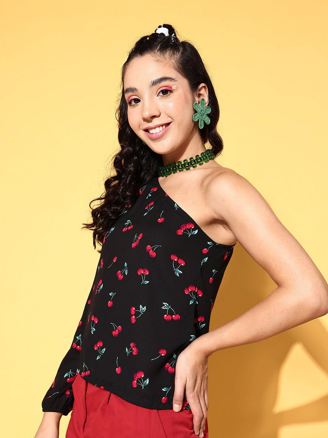 Folk Republic Women Black & Red Cherry Printed One-Shoulder Neck Crepe Regular Top - #folk republic#