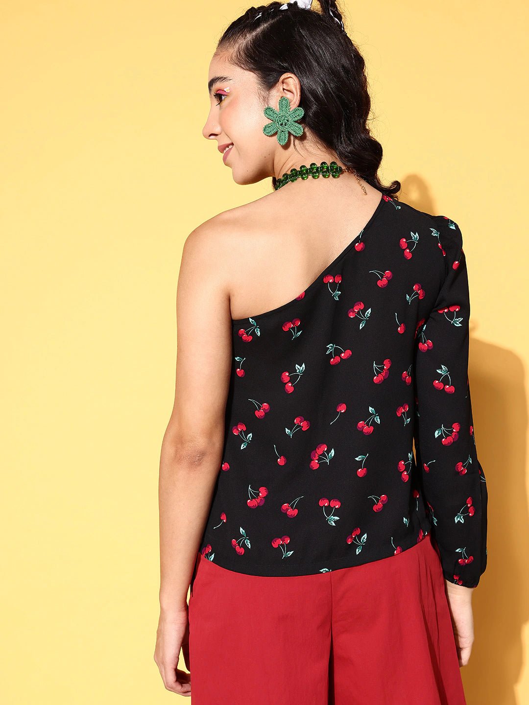 Folk Republic Women Black & Red Cherry Printed One-Shoulder Neck Crepe Regular Top - #folk republic#