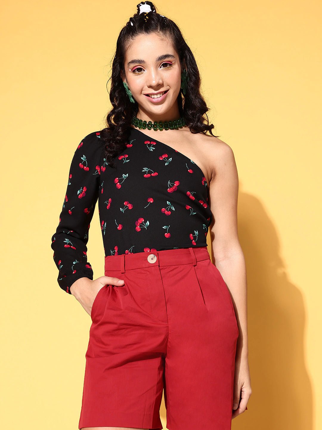 Folk Republic Women Black & Red Cherry Printed One-Shoulder Neck Crepe Regular Top - #folk republic#