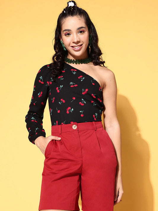 Folk Republic Women Black & Red Cherry Printed One-Shoulder Neck Crepe Regular Top - #folk republic#