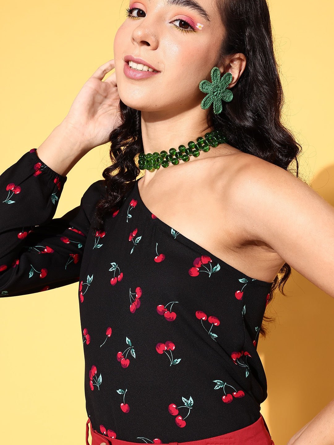 Folk Republic Women Black & Red Cherry Printed One-Shoulder Neck Crepe Regular Top - #folk republic#
