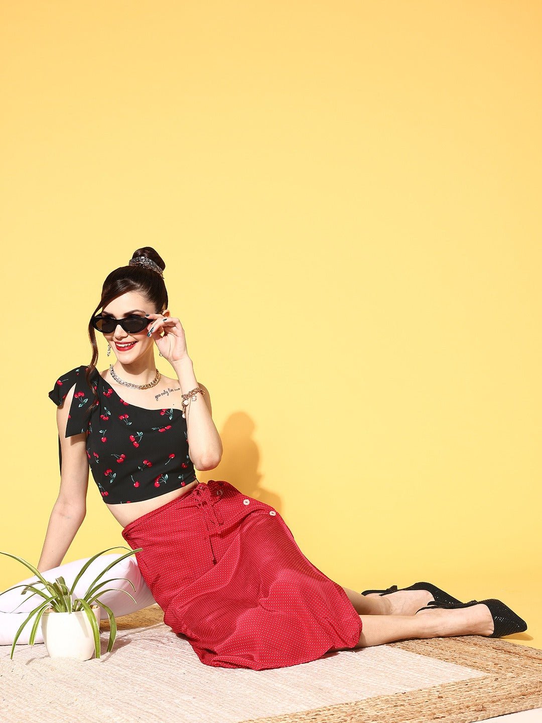 Folk Republic Women Black & Red Cherry Printed One-Shoulder Neck Tie-Up Strap Cropped Top - #folk republic#