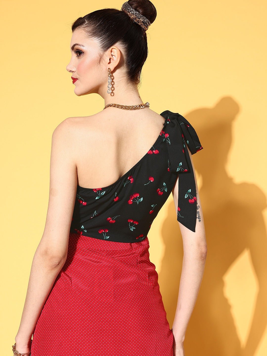 Folk Republic Women Black & Red Cherry Printed One-Shoulder Neck Tie-Up Strap Cropped Top - #folk republic#