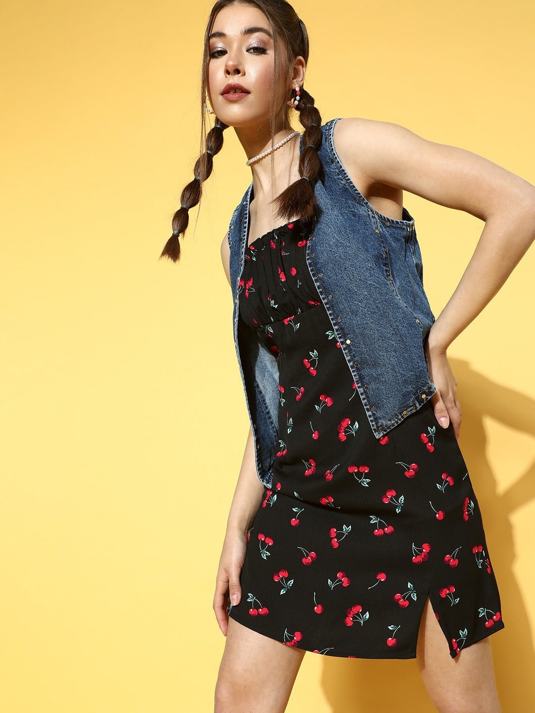 Folk Republic Women Black & Red Cherry Printed Square Neck Crepe Straight Hem Empire Mini Dress - #folk republic#