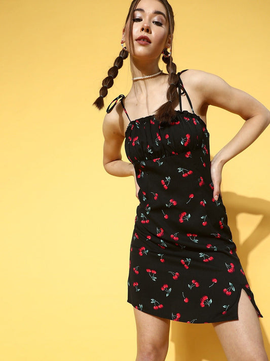 Folk Republic Women Black & Red Cherry Printed Square Neck Crepe Straight Hem Empire Mini Dress - #folk republic#
