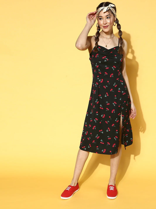 Folk Republic Women Black & Red Cherry Printed Sweetheart Neck Straight Hem Slited A-Line Midi Dress - #folk republic#