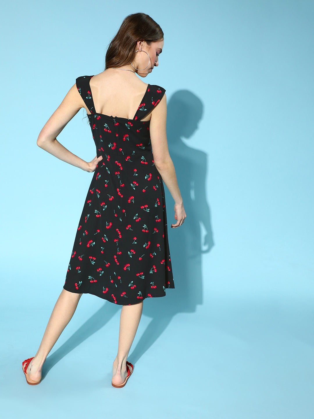 Folk Republic Women Black & Red Cherry Printed Sweetheart Neck Thigh-High Slit Flared A-Line Midi Dress - #folk republic#