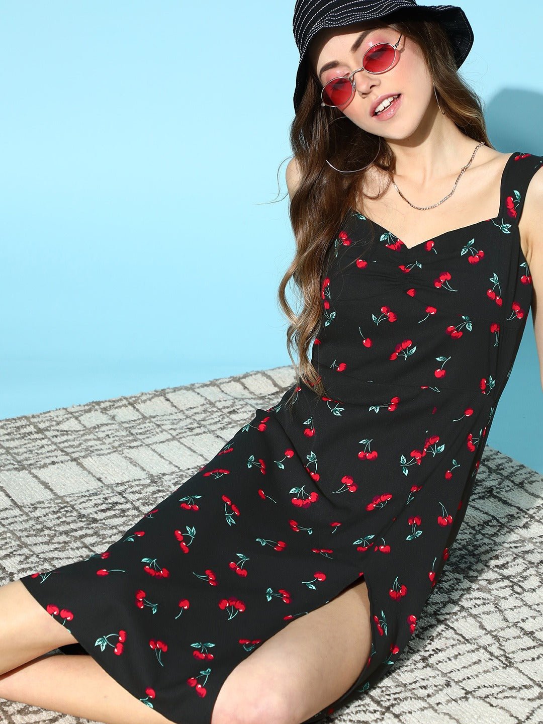 Folk Republic Women Black & Red Cherry Printed Sweetheart Neck Thigh-High Slit Flared A-Line Midi Dress - #folk republic#