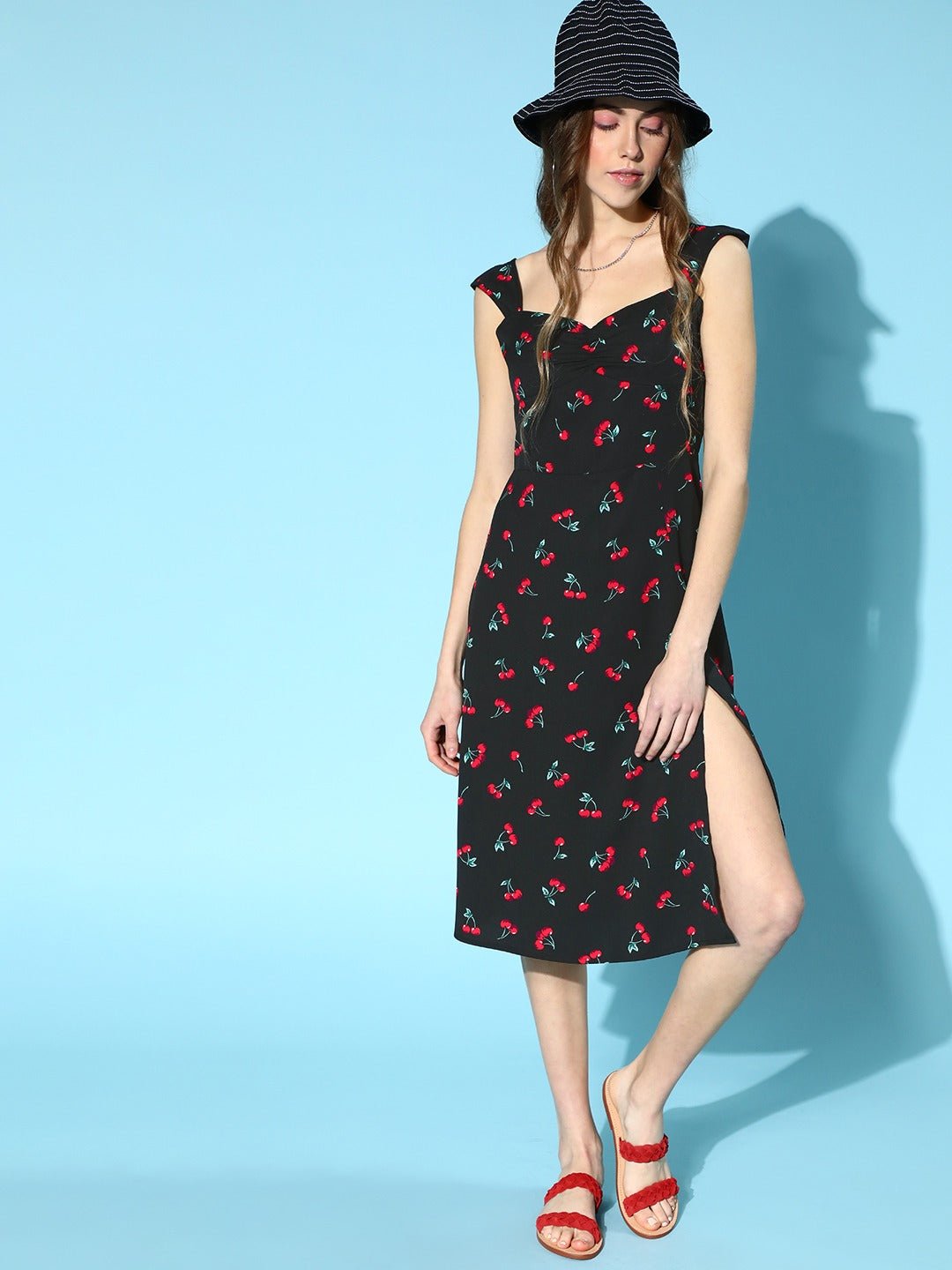 Folk Republic Women Black & Red Cherry Printed Sweetheart Neck Thigh-High Slit Flared A-Line Midi Dress - #folk republic#