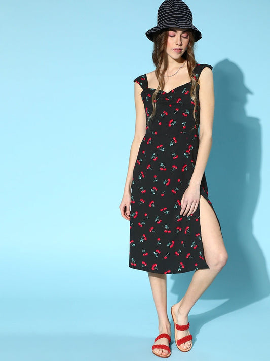 Folk Republic Women Black & Red Cherry Printed Sweetheart Neck Thigh-High Slit Flared A-Line Midi Dress - #folk republic#
