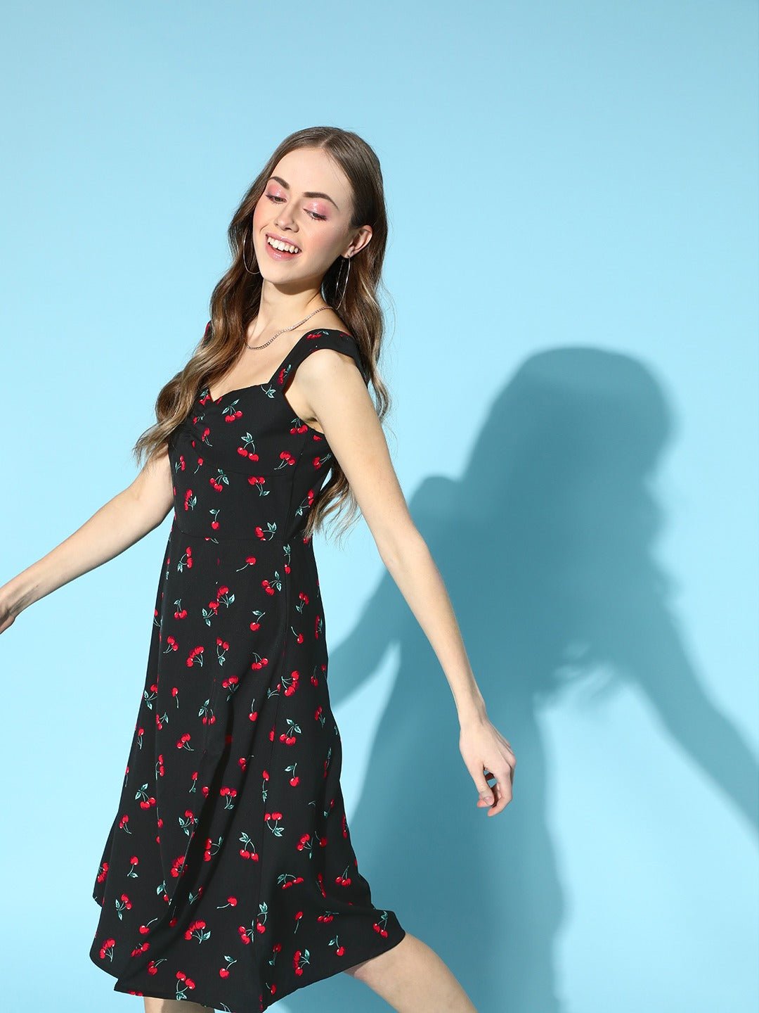 Folk Republic Women Black & Red Cherry Printed Sweetheart Neck Thigh-High Slit Flared A-Line Midi Dress - #folk republic#
