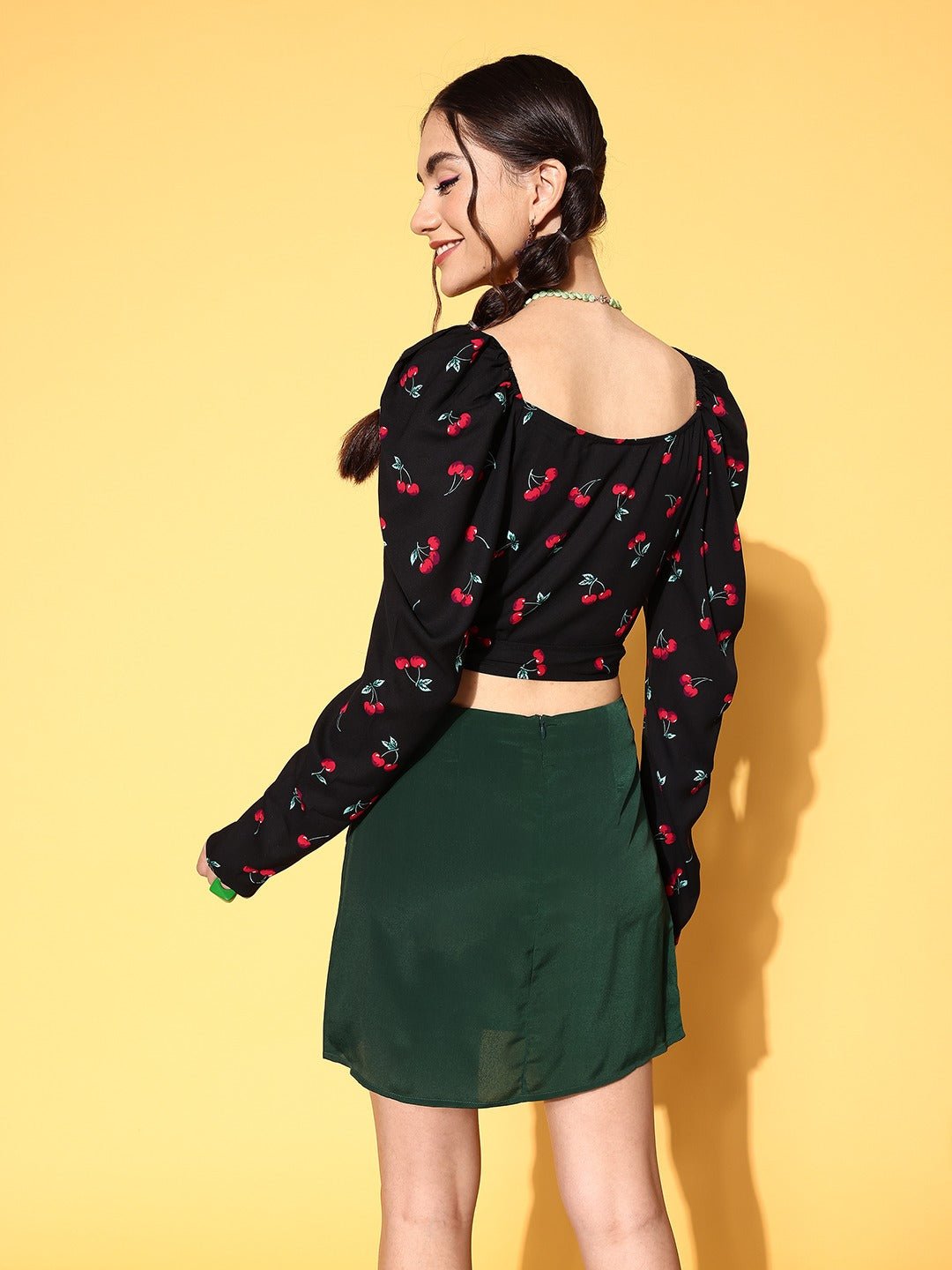 Folk Republic Women Black & Red Cherry Printed Sweetheart Neck Waist Tie-Up Wrap Crop Top - #folk republic#
