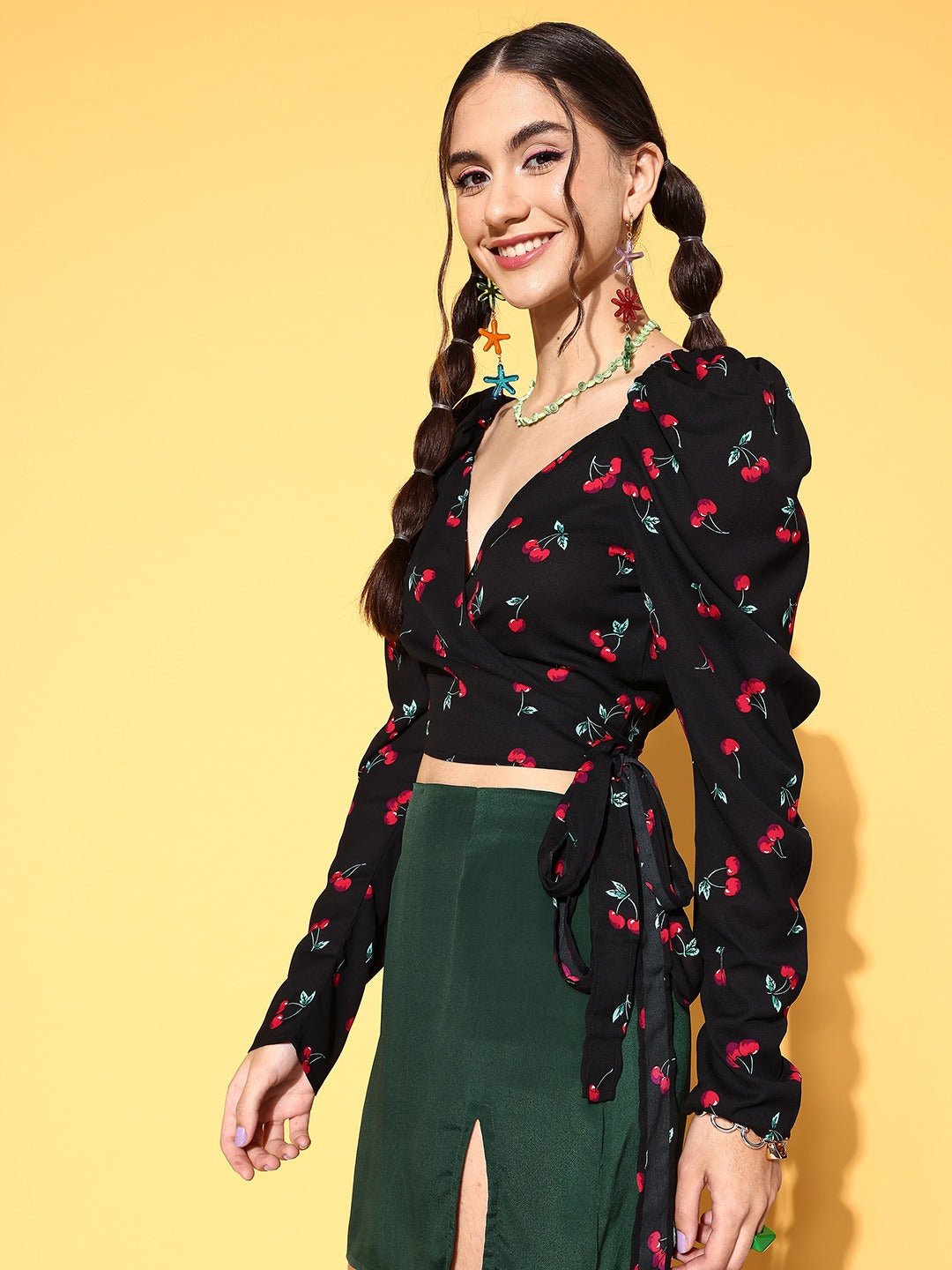 Folk Republic Women Black & Red Cherry Printed Sweetheart Neck Waist Tie-Up Wrap Crop Top - #folk republic#
