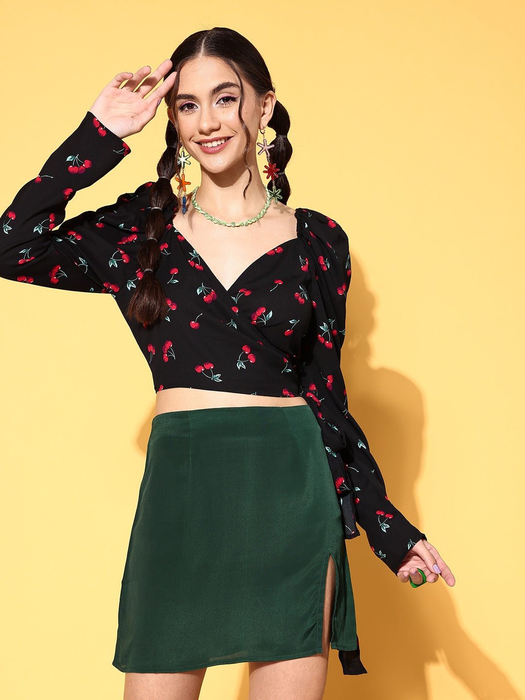 Folk Republic Women Black & Red Cherry Printed Sweetheart Neck Waist Tie-Up Wrap Crop Top - #folk republic#