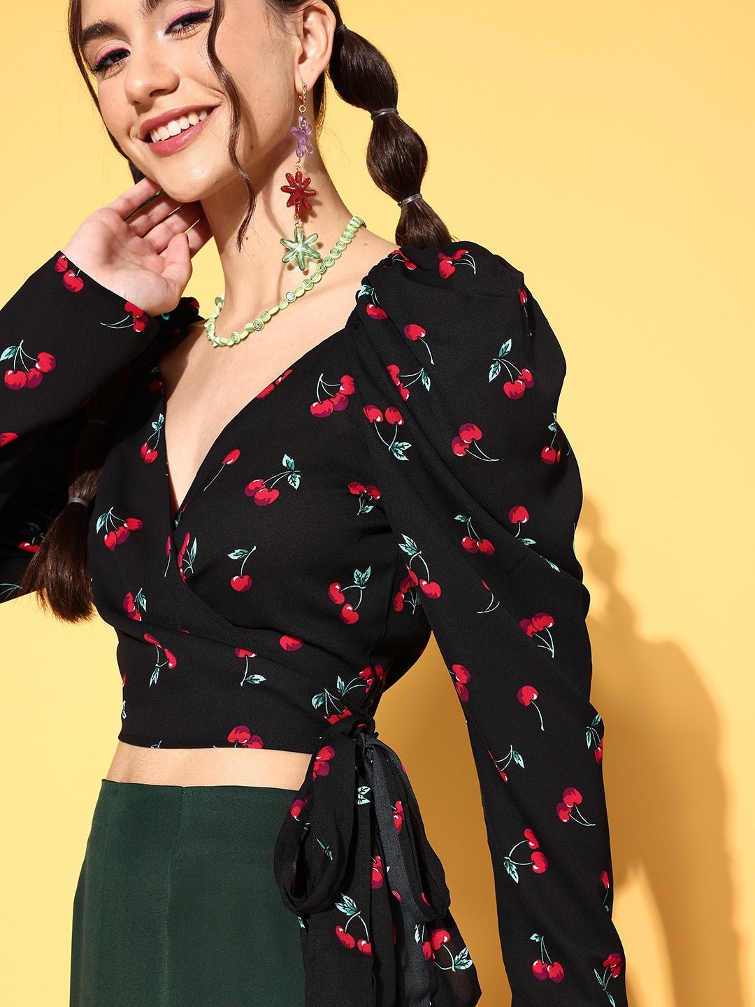 Folk Republic Women Black & Red Cherry Printed Sweetheart Neck Waist Tie-Up Wrap Crop Top - #folk republic#