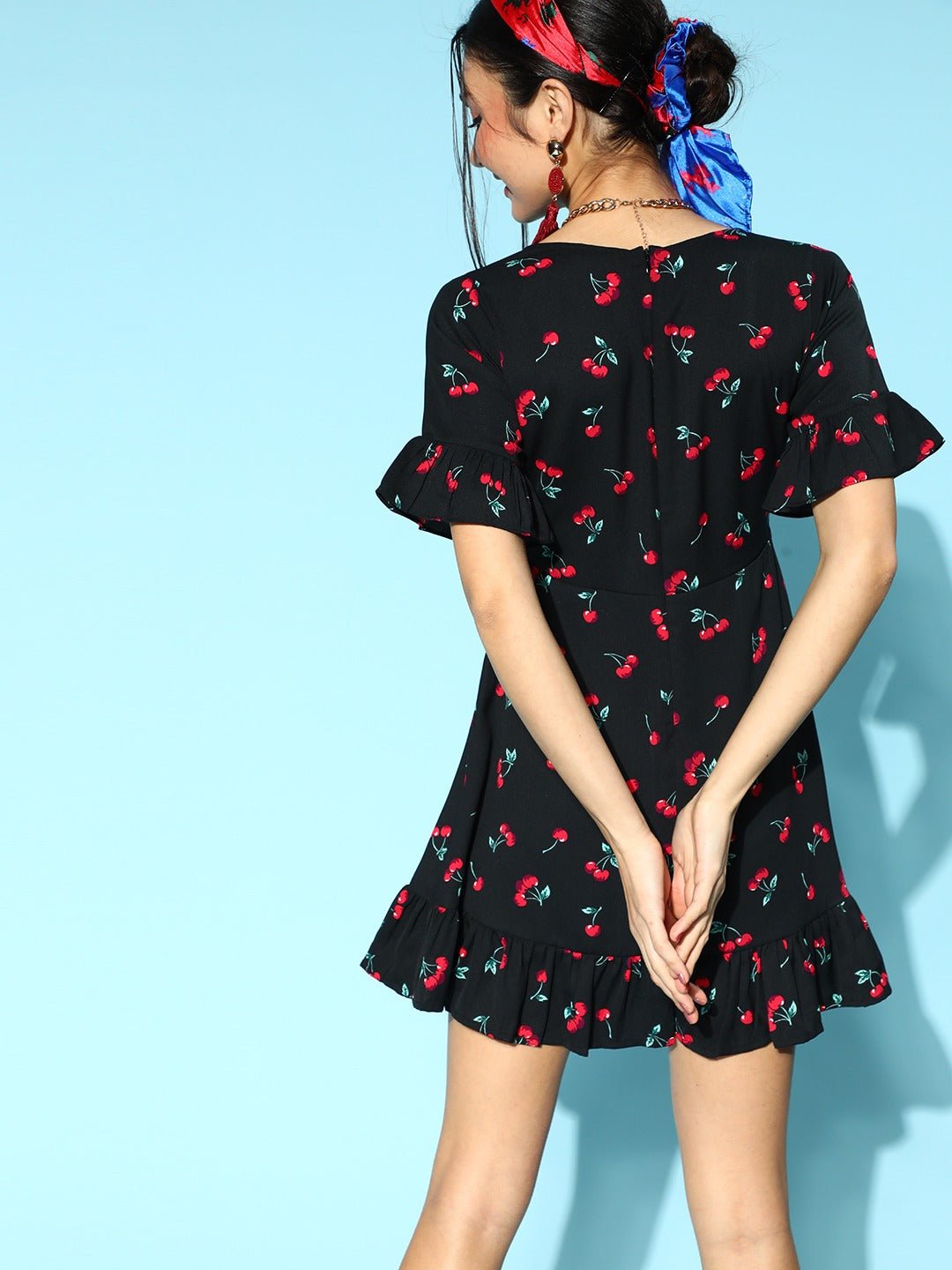 Folk Republic Women Black & Red Cherry Printed V-Neck Waist Tie-Up Flounce Hem Fit & Flare Wrap Mini Dress - #folk republic#