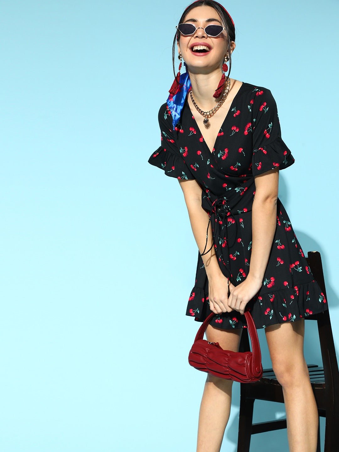 Folk Republic Women Black & Red Cherry Printed V-Neck Waist Tie-Up Flounce Hem Fit & Flare Wrap Mini Dress - #folk republic#