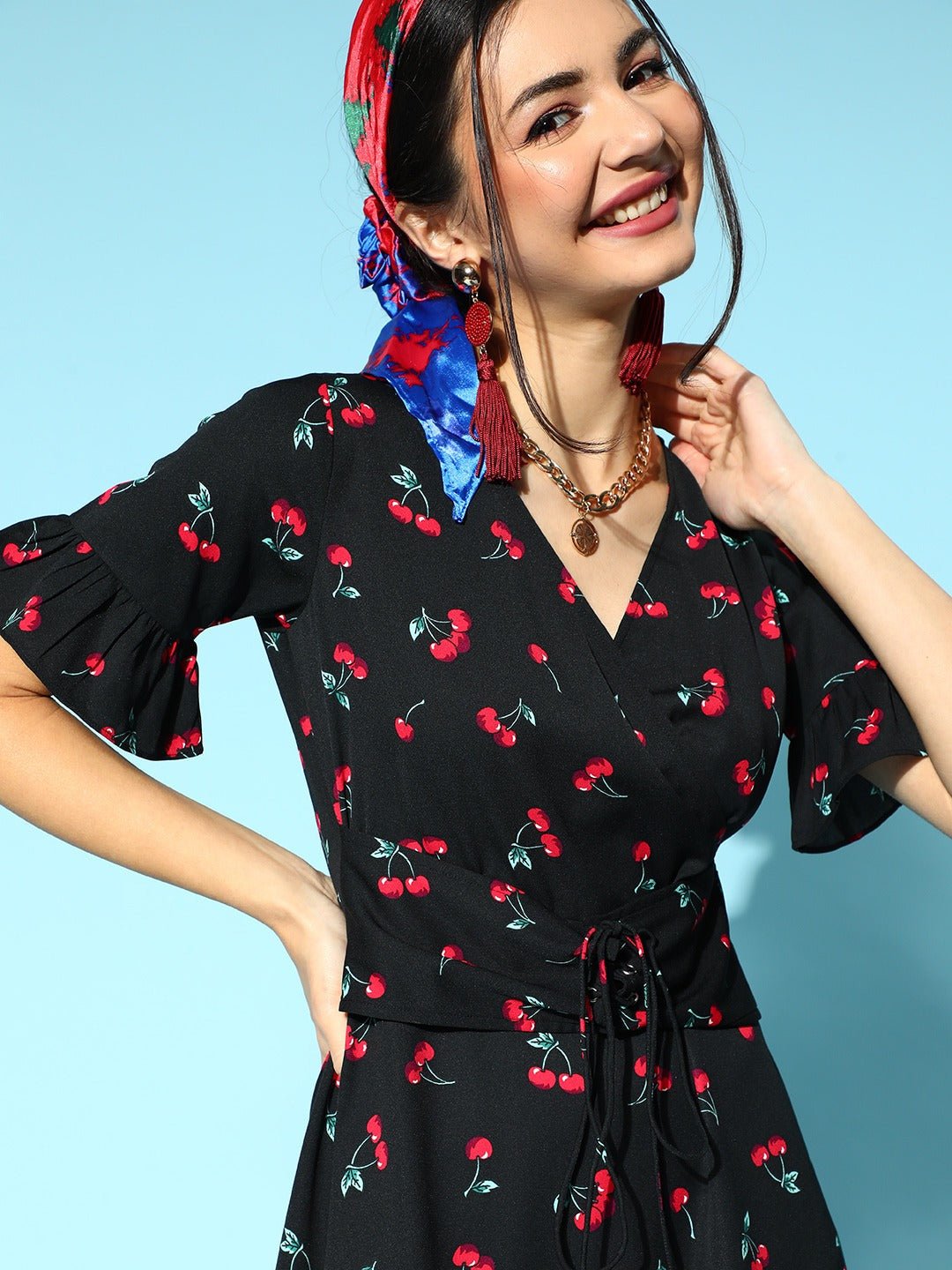 Folk Republic Women Black & Red Cherry Printed V-Neck Waist Tie-Up Flounce Hem Fit & Flare Wrap Mini Dress - #folk republic#