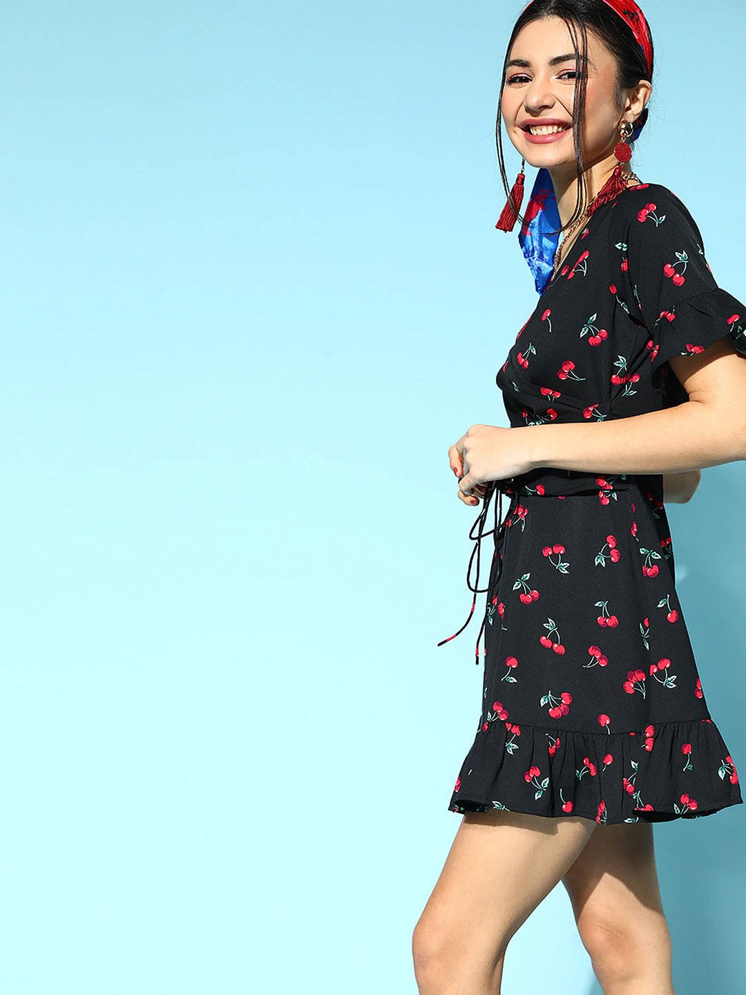 Folk Republic Women Black & Red Cherry Printed V-Neck Waist Tie-Up Flounce Hem Fit & Flare Wrap Mini Dress - #folk republic#