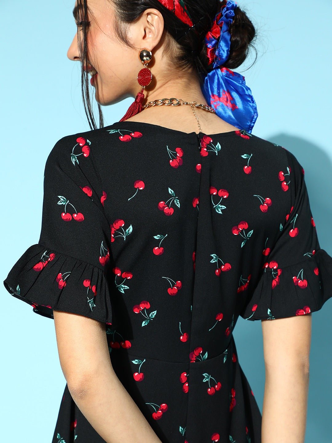 Folk Republic Women Black & Red Cherry Printed V-Neck Waist Tie-Up Flounce Hem Fit & Flare Wrap Mini Dress - #folk republic#