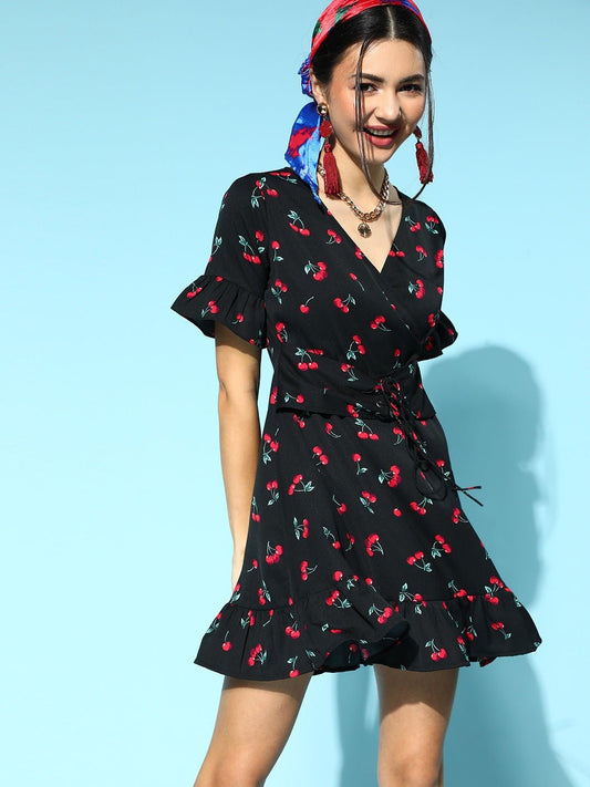 Folk Republic Women Black & Red Cherry Printed V-Neck Waist Tie-Up Flounce Hem Fit & Flare Wrap Mini Dress - #folk republic#
