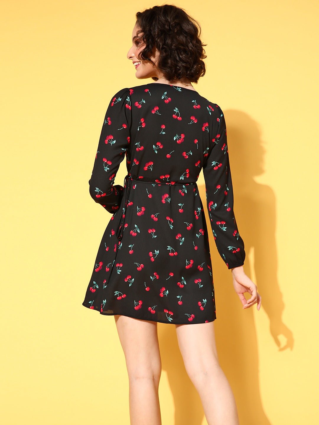 Folk Republic Women Black & Red Cherry Printed V-Neck Waist Tie-Up Tulip Hem Wrap Mini Dress - #folk republic#